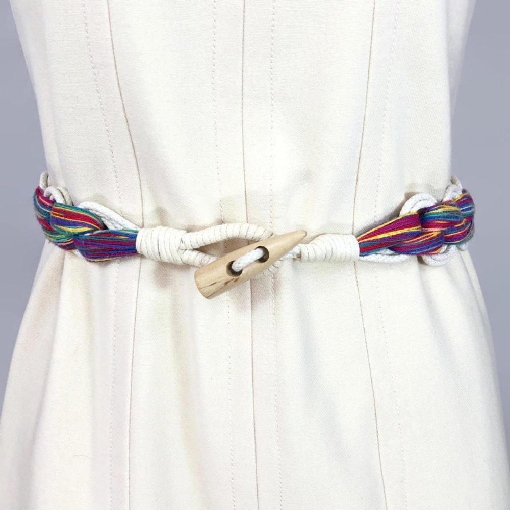 VINTAGE 80s Rainbow Macrame Rope Belt with Wood Toggle 31-33"